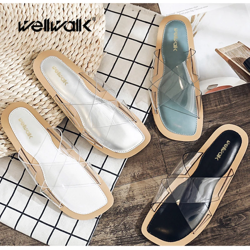 Прозрачные тапочки Летняя обувь Женский ПВХ шлепанцы модные домашние пляжная с