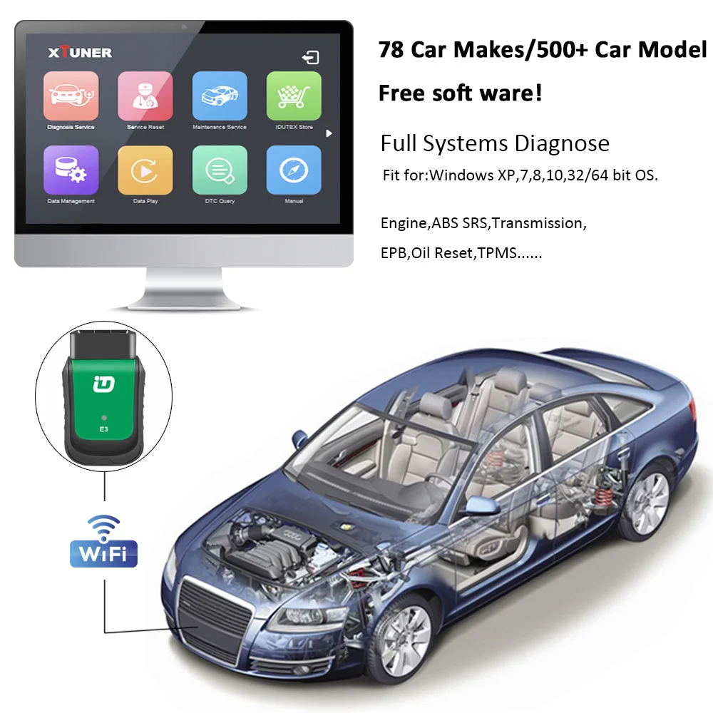 Xtuner E3 V10.7 автомобиля OBD2 сканер WiFi полный системы диагностический инструмент Авто диагностический сканер OBD 2 сканер автомобильный двигатель, ABS, подушки безопасности