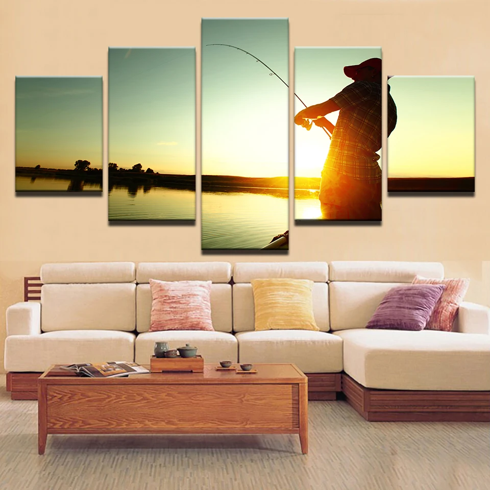 Artryst Canvas Poster Wall Art HD Prints Pictures Modular 5 Piece Fisherman Fishing Sport Paintings Home Decor For Living Room | Дом и сад