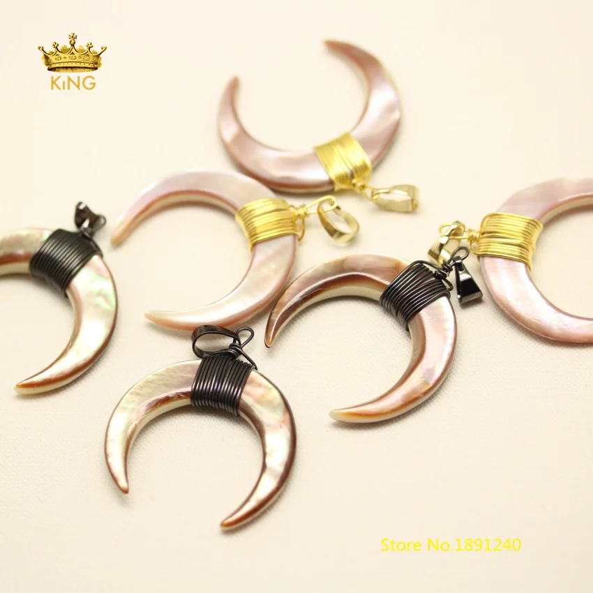

12 Shell choice,10pcs OX Horn Shell Pendants,Wire Wrapped Gold/Gun Black Plating Copper Crescent Moon Shell Horn Charms Necklace