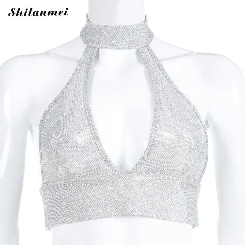 2019 Silver Glitter Sequin Crop Top Summer Bustier Backless Deep V Sexy T-Shirt Camis Women Party Club Tank Tops | Женская одежда