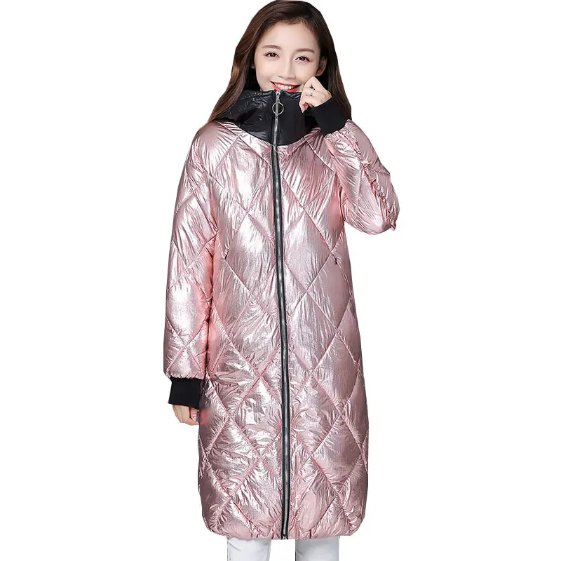 Осенне зимняя куртка женская 2019 длинная свободная парка с капюшоном Глянцевая