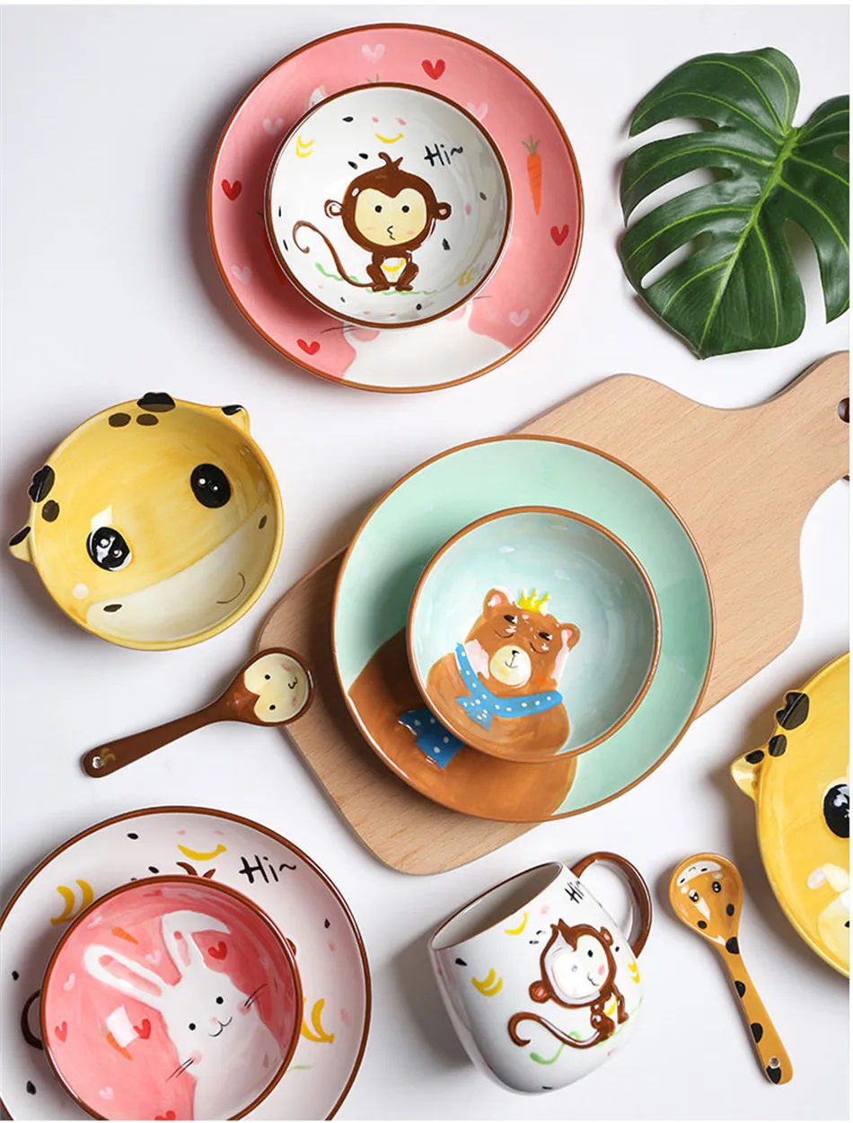 Cute Ceramica Plates Glazed Creative Hand Painted Bowl Spoon Set Breakfast Steak Children's Fruit Plate Animal Dish Cutlery