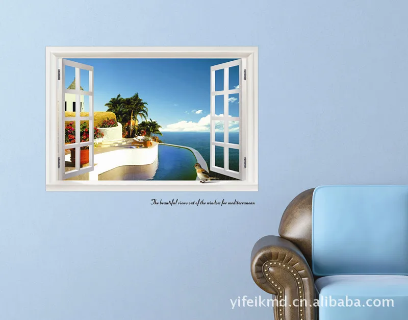2015 Rushed New Fake Window Wallpaper 3d Wall Sticker decorative Stickers large Home Decoration summer Style free Shipping | Дом и сад