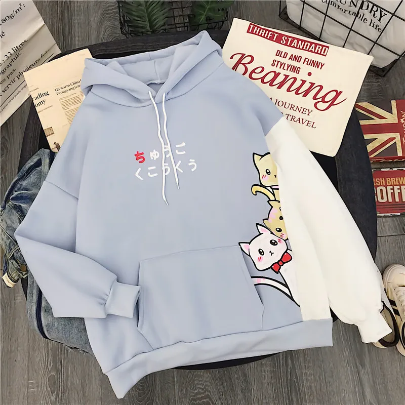 Толстовки женские Ulzzang зимние теплые мягкие Kawaii Мультфильм Печатных Женщин Пуловер С Капюшоном длинным рукавом корейский стиль дамы кофты - Цвет: 6833 blue