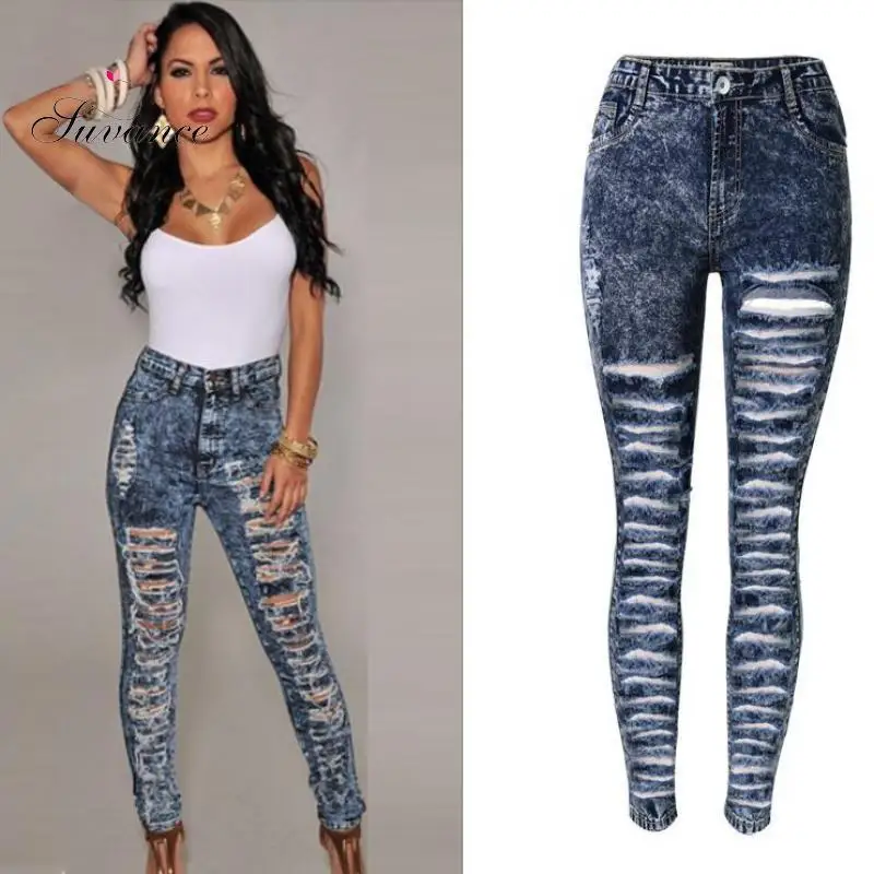 Джинсы карандаш Suvance с завышенной талией и дырками хлопковые эластичные модные