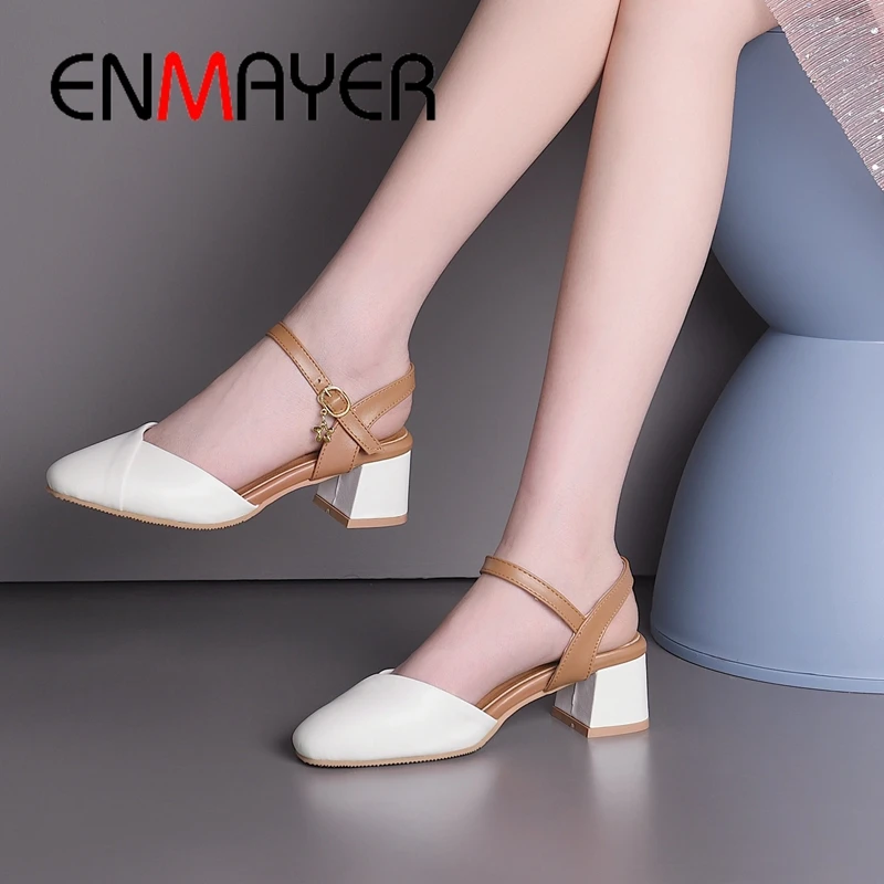 

ENMAYER 2019 Mary Janes Med High Women Pumps Square Heel Round Toe Casual Women Solid Shoes Size 34-43 LY1836