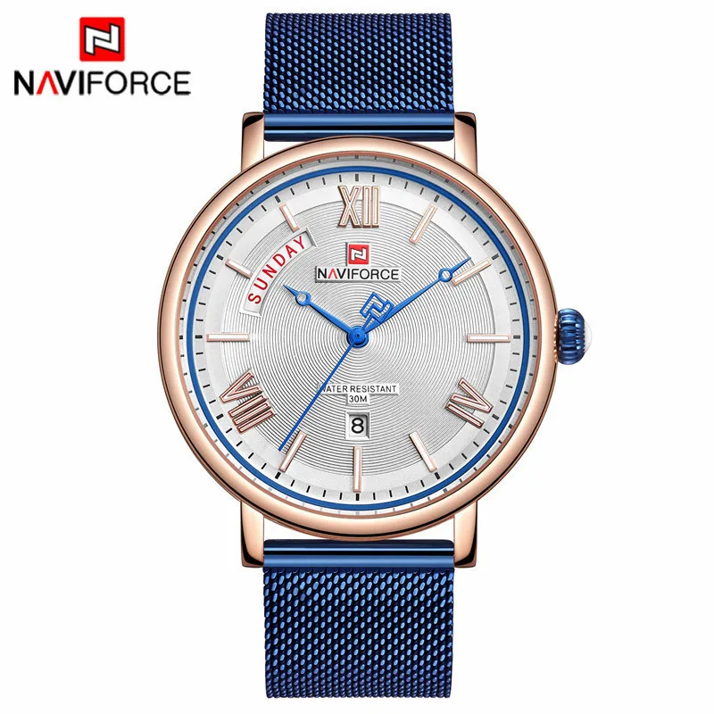 Rose Blue NAVIFORCE часы мужские модные деловые часы мужские повседневные водонепроницаемые кварцевые наручные часы синие стальные сетчатые часы Relogio Masculino - Цвет: Rose Blue