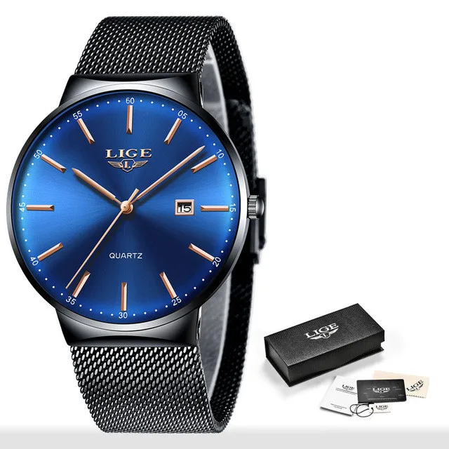 black blue LIGE Лидирующий бренд новые ультра тонкие модные кварцевые мужские часы Роскошные Синие водонепроницаемые часы ремешок из нержавеющей стали Relogio Masculino - Цвет: black blue