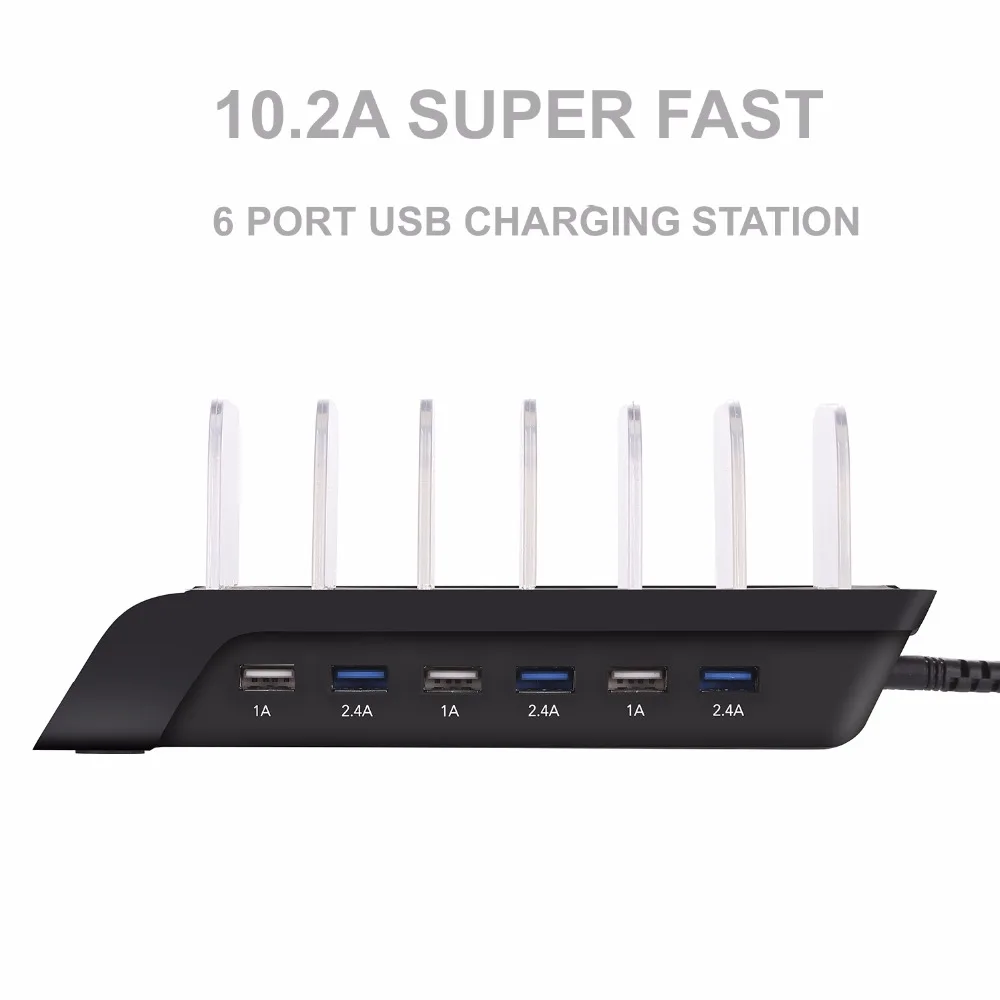 Kuyia 6 портов (3x2.4A 3x1A) USB зарядная станция с кабелями несколько устройств планшет