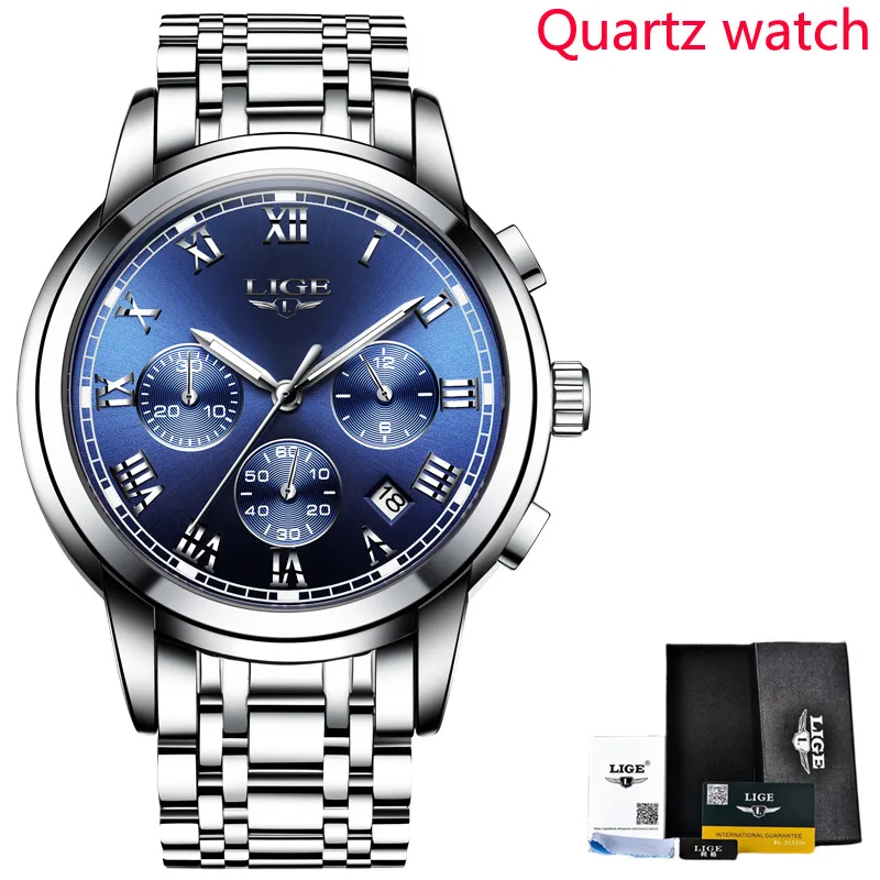 Steel silver blue LIGE мужские часы Топ бренд класса люкс бизнес школьник автоматические механические часы спортивные водонепроницаемые мужские часы Военные мужские часы - Цвет: Steel silver blue