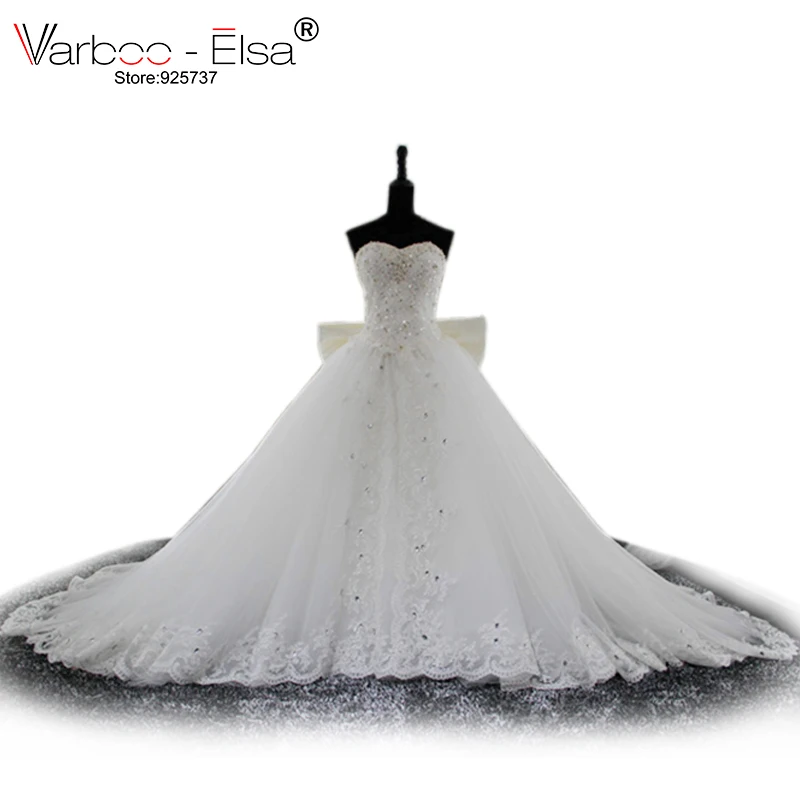 

VARBOO_ELSA 2021 Sexy Off shoulder Wedding Dresses Pearls Crystal Princess Wedding Dress Bow White lace Ball Gown Bridal Gowns
