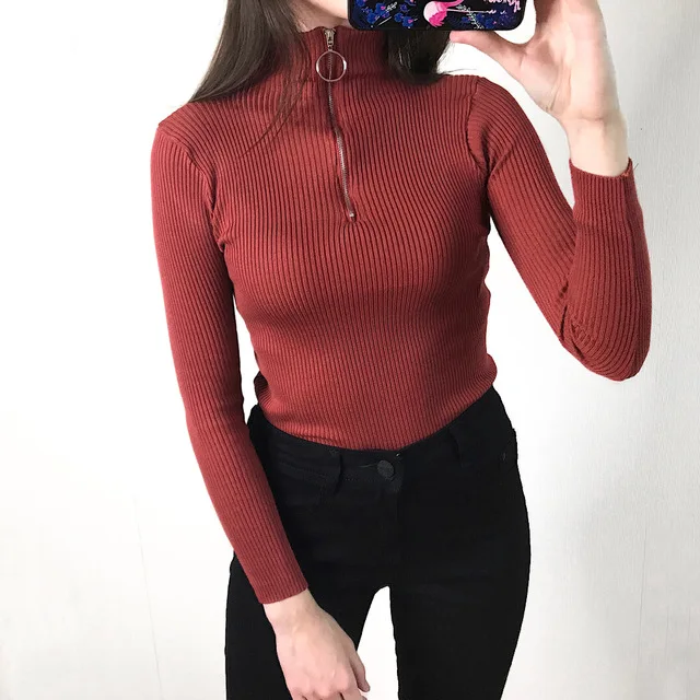 Korean Fashion Sweater and Pullover Women's Clothes Autumn Winter Zipper Turtleneck Long Sleeve High Elastic Solid Knit | Женская