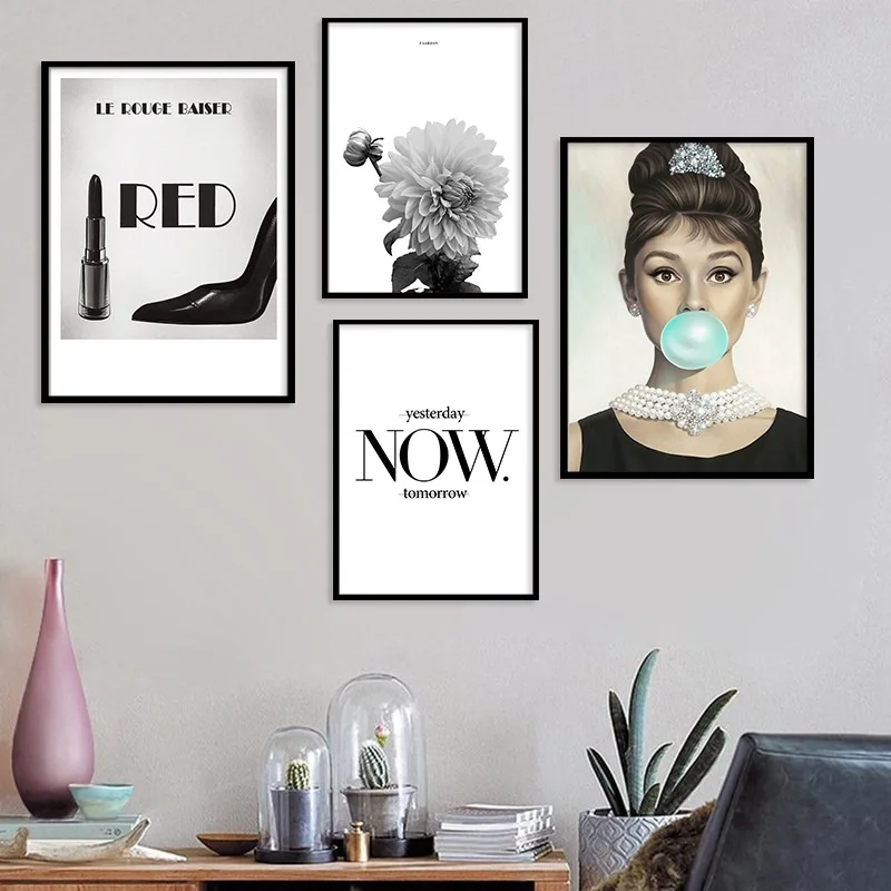 Одри Хепберн искусство холст модный плакат черная белая помада лист принты