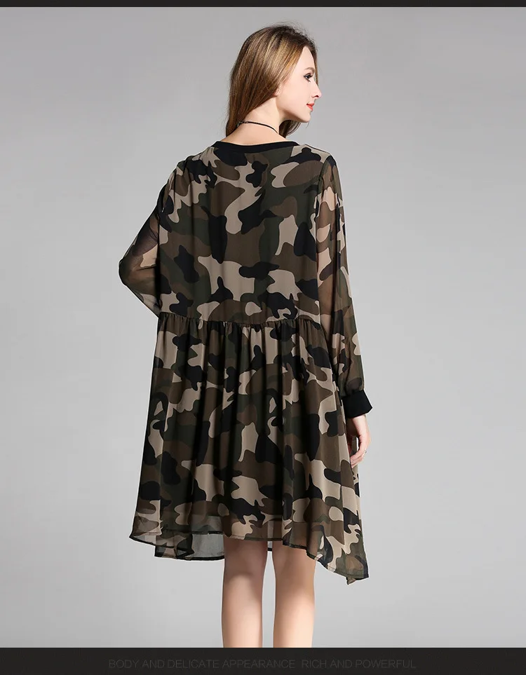 Новые 2016 Весна Европейский Для женщин камуфляж свободный крой шифоновые платья