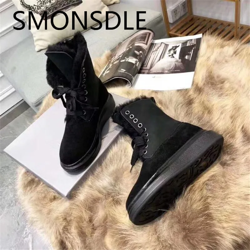 SMONSDLE/Новые модные черные зимние женские ботильоны из натуральной кожи с круглым