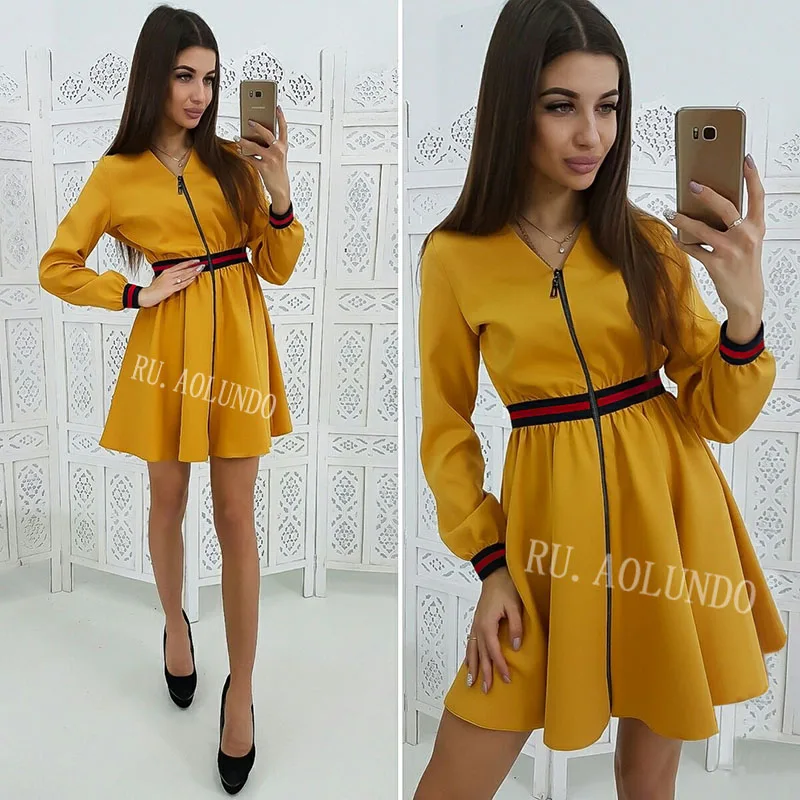 New Striped Webbing Zipper Stitching Dress Women 2019 Spring Slim V-Neck Long Sleeve Casual A-Line Mini Dresses | Женская одежда