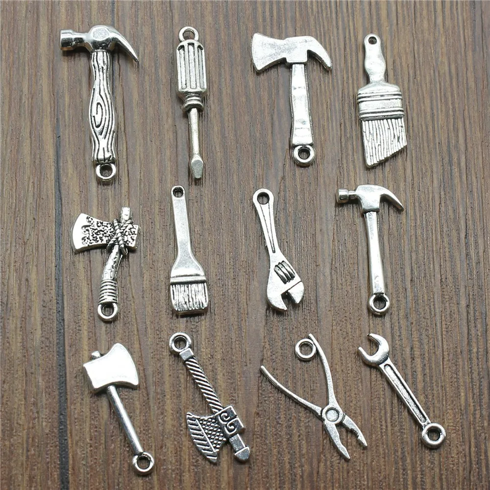 

20pcs Tools Charms Ax Wrench Brush Hammer Screwdriver Charms Pendants Jewelry Making Antique Silver Color