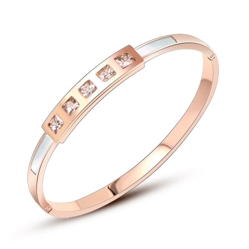

Hot Sale Five Small Square Rhinestone CZ With White Shell Rose Gold Color Stainless Steel Bangle