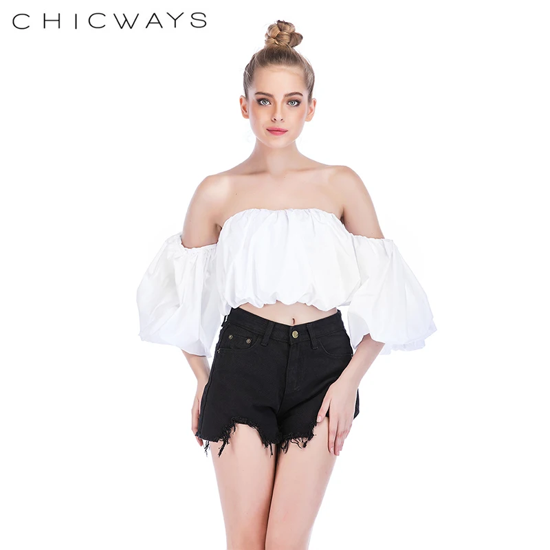 Chicways с открытыми плечами короткий рукав укороченный топ пышными рукавами