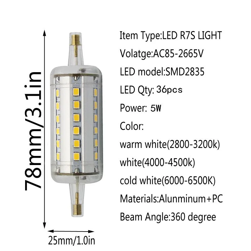 Диммируемая лампа R7S LED Corn 2835 SMD 78 мм 118 135 189 свет 5 Вт 10 12 15 заменить галогенную лампу
