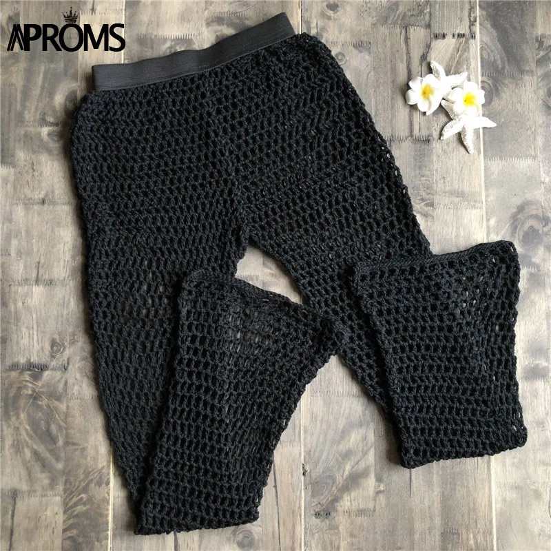 Aproms, элегантные трикотажные штаны ручной работы, женские летние пляжные штаны с высокой талией в стиле бохо, Капри, белые длинные брюки - Цвет: Черный