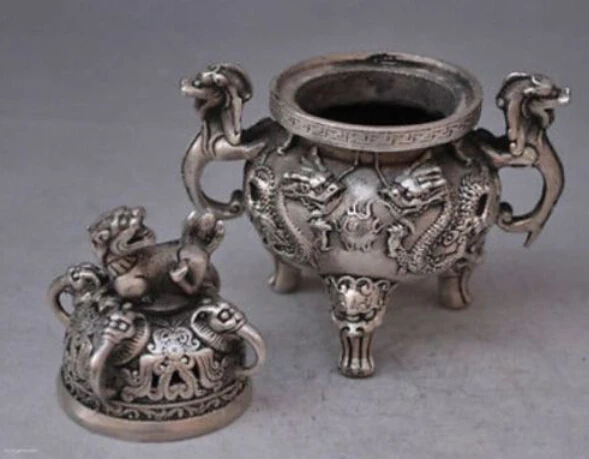 WBY---607+++Chinese buddhist manual old silver copper dragon lion statues incense burner |