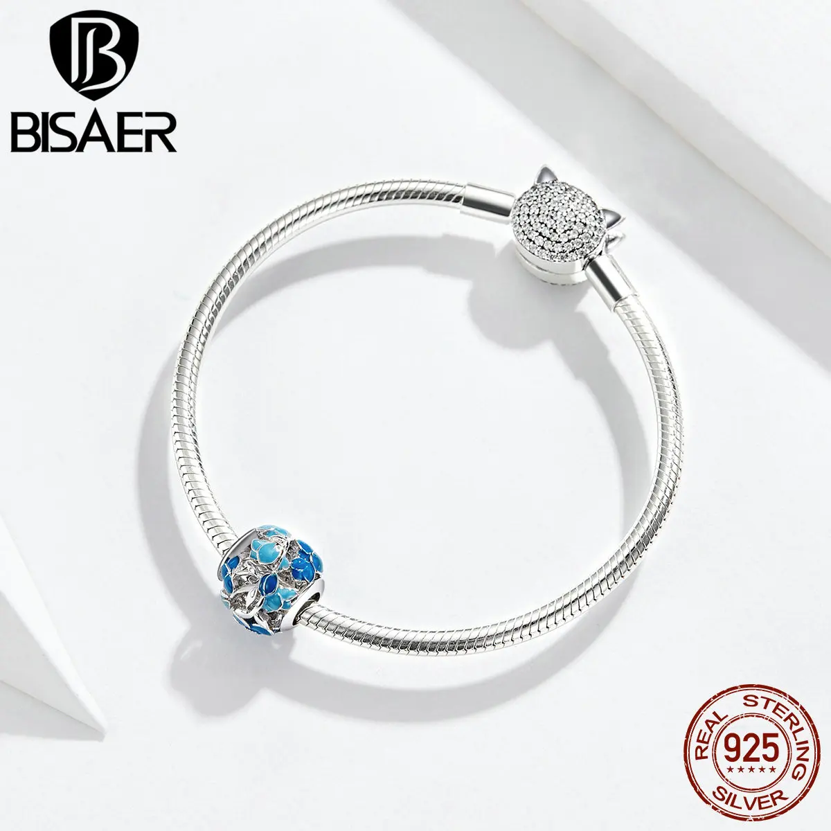 Бусины в виде цветка BISAER, 925 пробы, серебристые, синие, эмалированные Цветы орхидеи, талисманы, подходят для оригинального браслета, самодельные ювелирные изделия EFC087