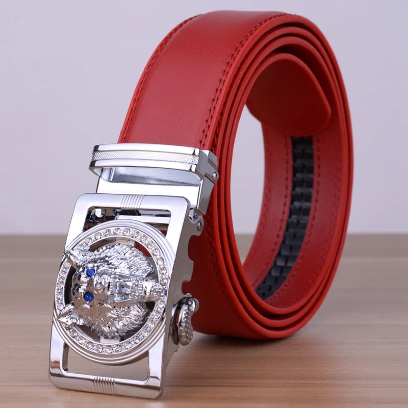 red sliver buckle Волчья Голова Пряжка ремень для мужчин роскошный Высококачественная натуральная кожа брендовая дизайнерская Автоматическая пряжка ремень для мужчин горячая распродажа - Цвет: red sliver buckle