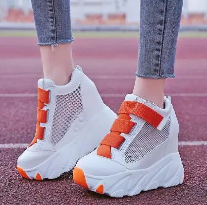 orange Женские кроссовки на платформе; коллекция года; Летняя обувь из дышащего сетчатого материала; женская повседневная обувь на танкетке; кроссовки на толстой подошве 11 см; Белая обувь - Цвет: orange