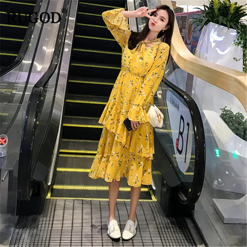 Женское платье с цветочным принтом RUGOD плиссированное весеннее до середины