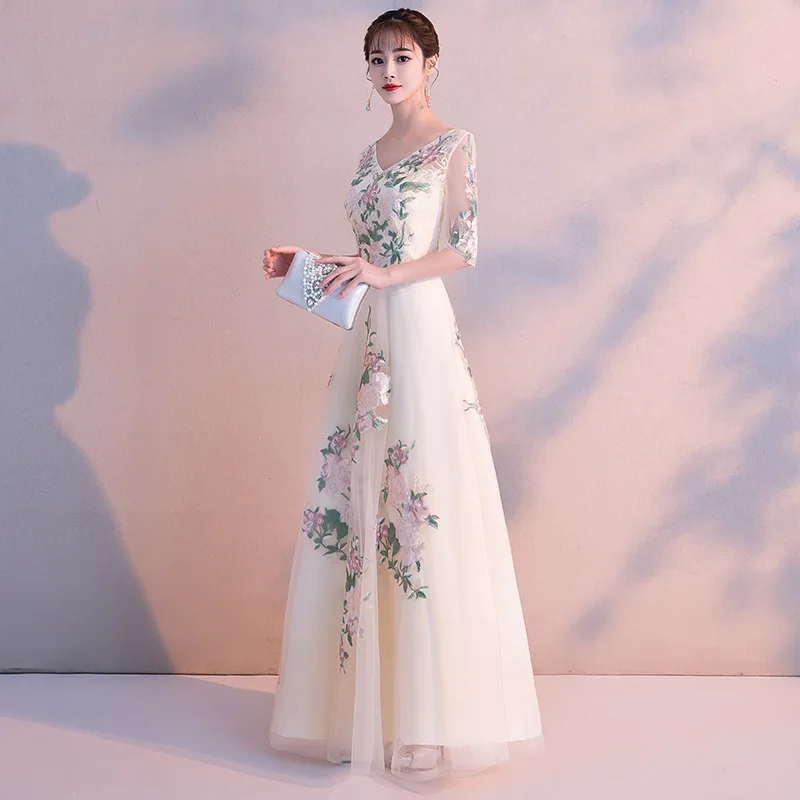 Длинное азиатское платье цвета шампанского с v-образным вырезом Vestidos брюки-Чино
