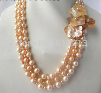 

FREE SHIPPING N1441 3Strands Pink Round Freshwater Pearl Shell Flower Necklace