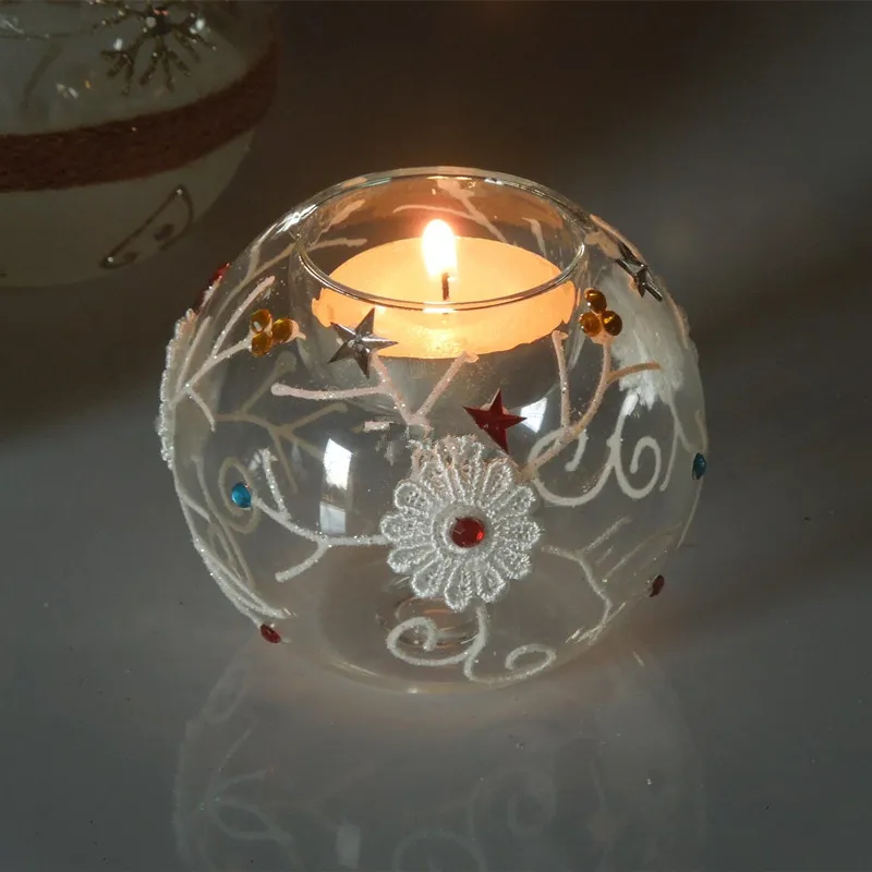 

12pcs/pack Diameter=10cm Hand Drawing Glass Candle Holder Hand Made Glass Craft Wedding Christmas Day Decoration Props