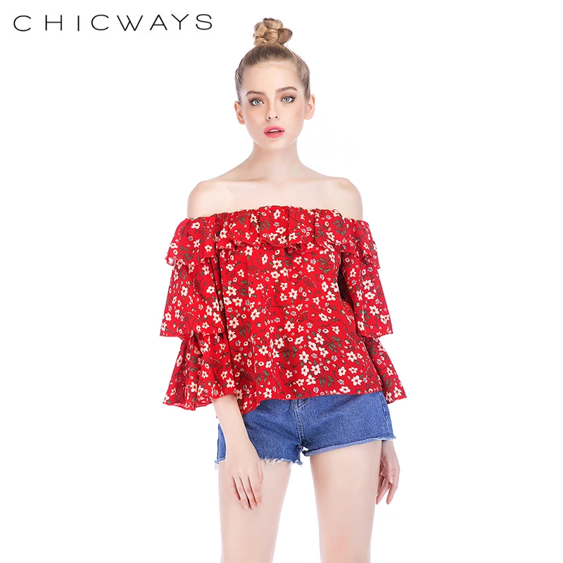 Chicways 2018 летняя шифоновая блузка с открытыми плечами цветочным принтом рюшами