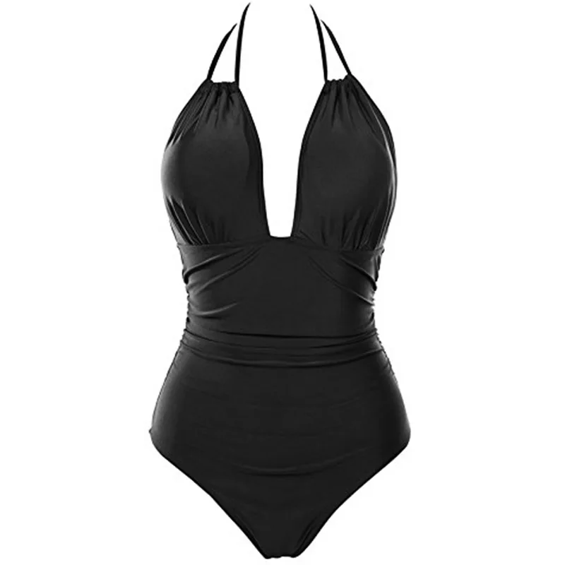 2019 Summer Beach Sexy Female One Piece Swimsuit Vintage Women Swimwear Swim Wear Solid Bandage Monokini Bathing Suit Black Red |