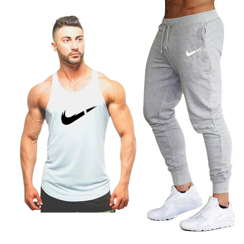 Bodybuilding new vest men's LOGO printing + pants sports tight high elastic brand sportswear summer suit | Мужская одежда