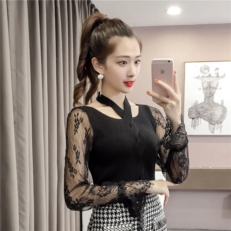 fashion womens sweaters 2019 spring flare Long Sleeve pullovers women sweater sexy hollow Lace v collar Knitted 2550 50 | Женская одежда