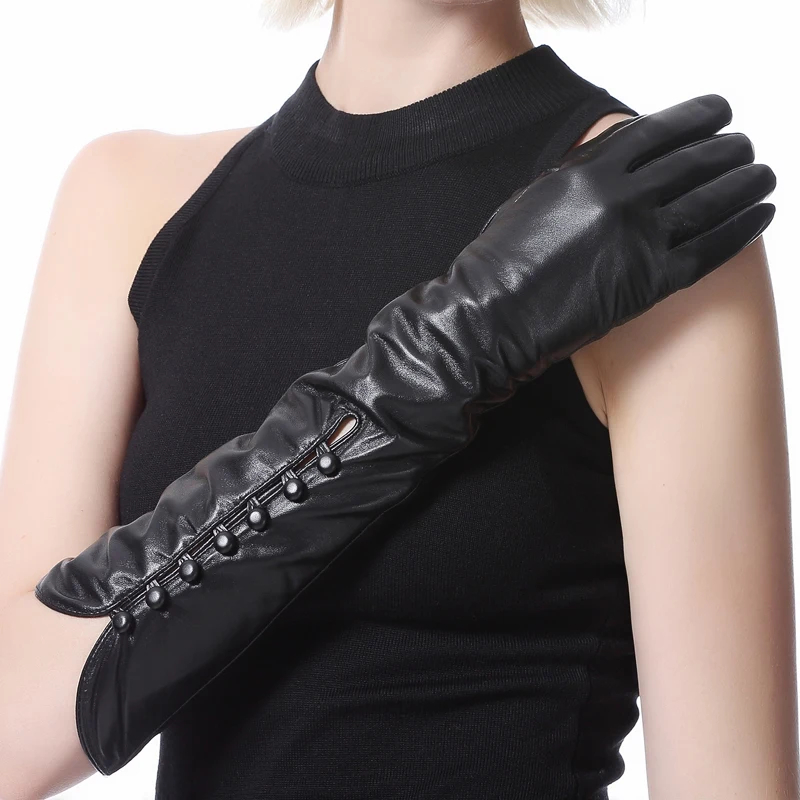 Женские перчатки из натуральной овечьей кожи на семи пуговицах длинные черные