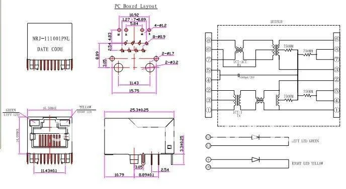 5 шт./лот PCB RJ45 Модульный сетевой разъем/розетка/LAN вилка с интегрированным трансформатором/магнетизм Tab, светодиодный, экранирование IC