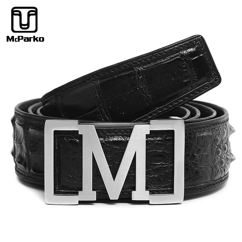

McParko Real Crocodile Leather Belt Men Luxury Brand Stainless Steel M Buckle Belt Genuine Leather Mens Belt for Jeans Brown