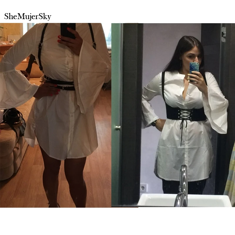 Белое летнее платье рубашка 2017 модное элегантное женское с расклешенным рукавом