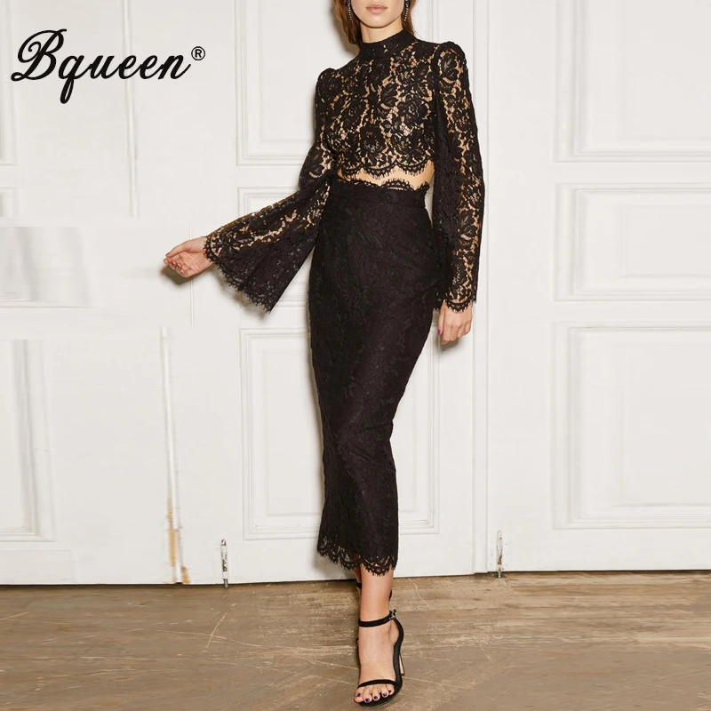 

Bqueen 2 Piece Sets Lace Long Sleeve Zipper O Neck Tank Top Mid Calf Skirt Sexy Women Elegant Cocktail Party Set Vestidos