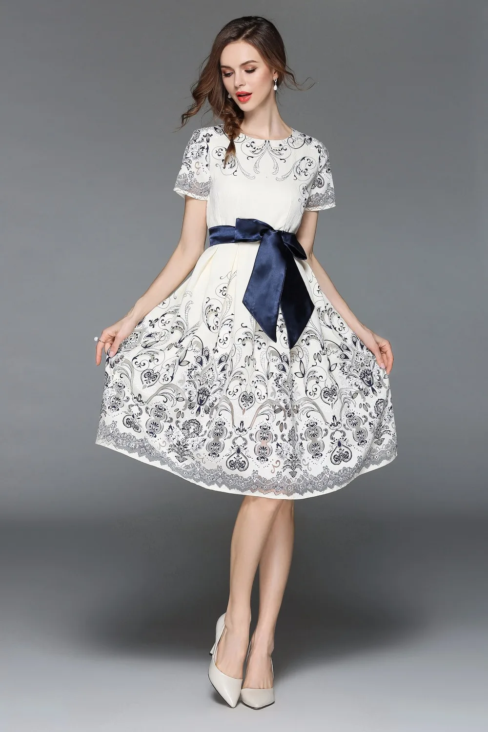 2018 белое платье с короткими рукавами и принтом высокого класса винтажное женское