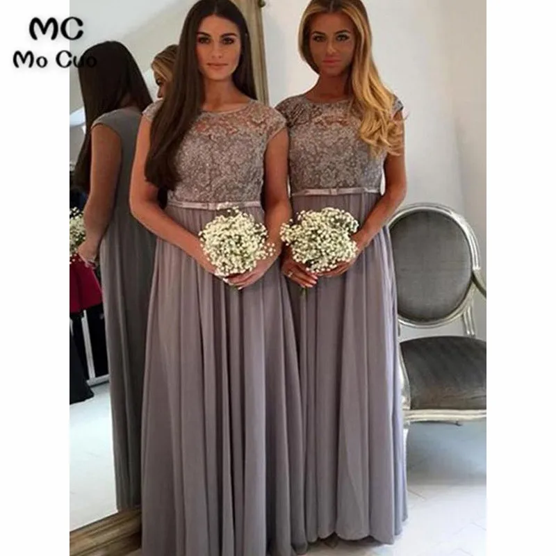 

Elegant 2019 Grey Bridesmaid Dresses Long Scoop Short Sleeve Sashes Chiffon Illusion Formal Wedding Party Dress Bridesmaid Dress