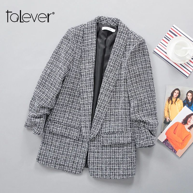 Women Thick Tweed Plaid Blazer Female Three Quarters Sleeve Slim Fit Jacket Winter Office Lady Spring Jackets Outerwear Talever | Женская