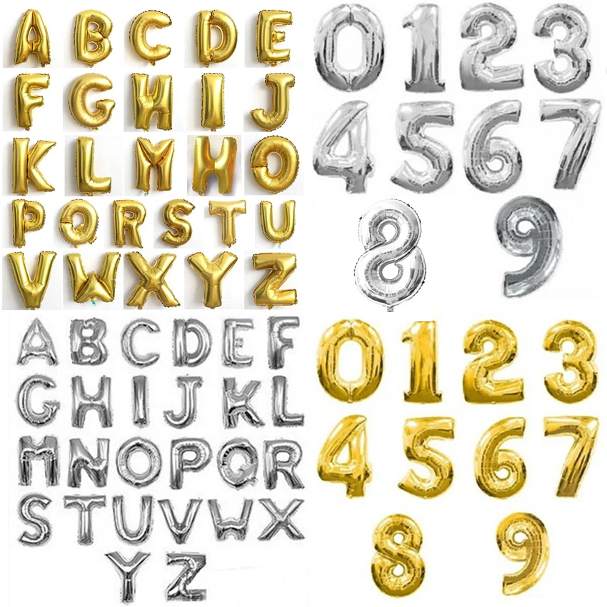 Горячая 16 дюймов золотистые Серебристые шарики с изображением букв и цифр