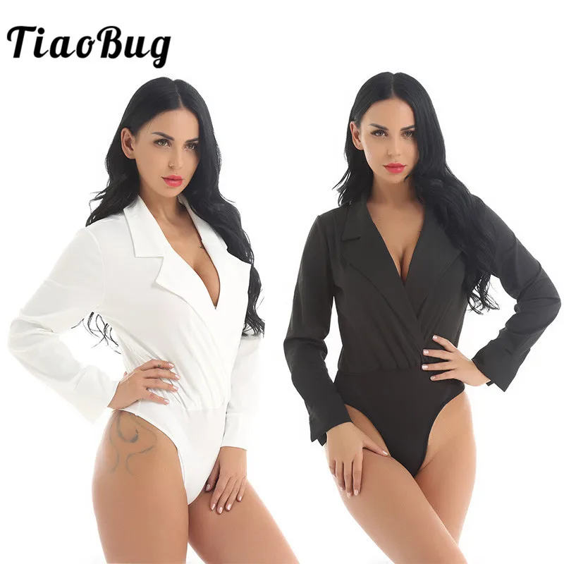 TiaoBug Женская цельная черная/белая блузка с воротником с лацканами и длинными рукавами, однотонная деловая повседневная сексуальная рубашка-боди