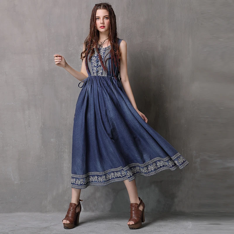 Летнее платье юзи. Может Boho новые джинсовые Для женщин платья трапециевидной формы, с круглым вырезом, качели и цветочной вышивкой сарафан A82077 Vestidos