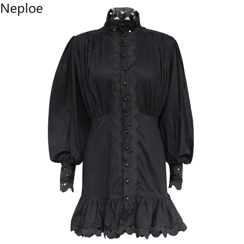 Neploe выдалбливают латерн рукава сладкое женское платье стоячий воротник Vestido 2019